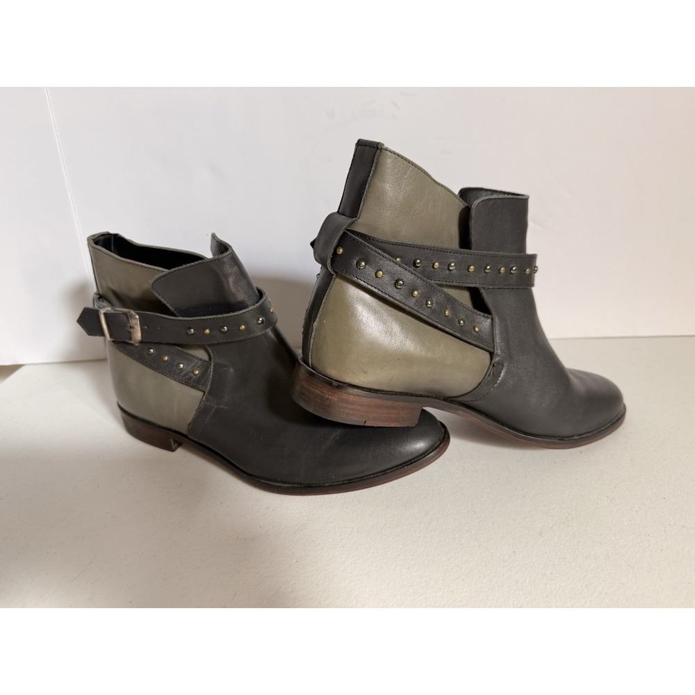 Adam Tucker Studded Leather  Bolero Ankle Boots black and green buckle